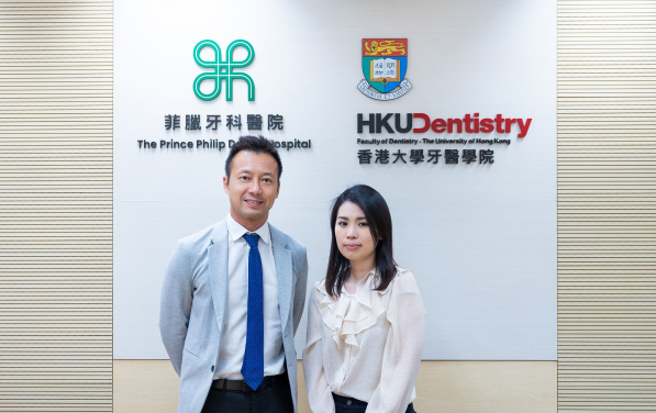 HKU Dentistry Oral and Maxillofacial Surgery research team: Dr Mike Leung (left) and Ms Natalie Wong compare the changes of patients’ quality of life (QoL) after receiving IVRO or SSRO as the treatment for mandibular prognathism.